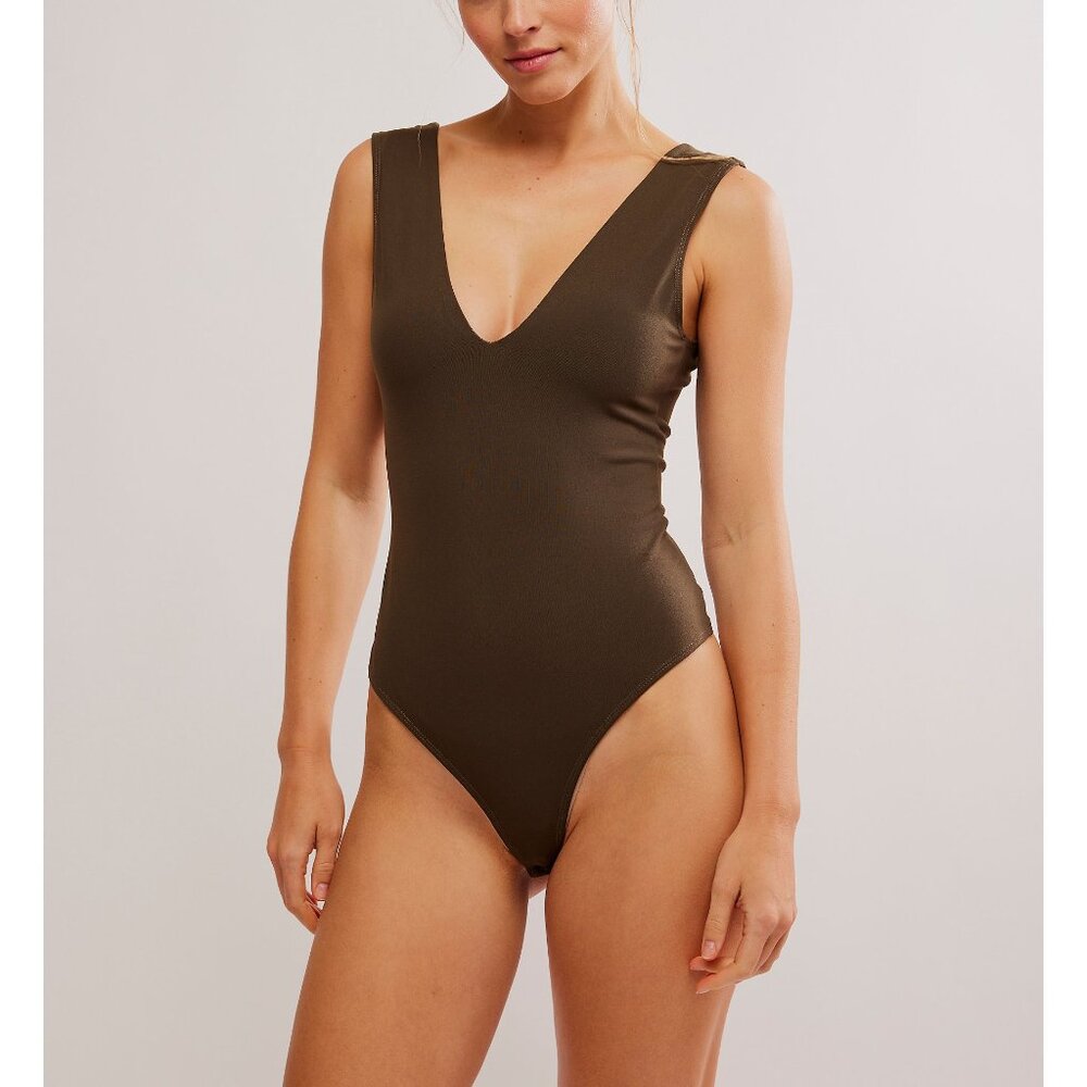 Free People Olive Green V-Neck Ribbed Bodysuit